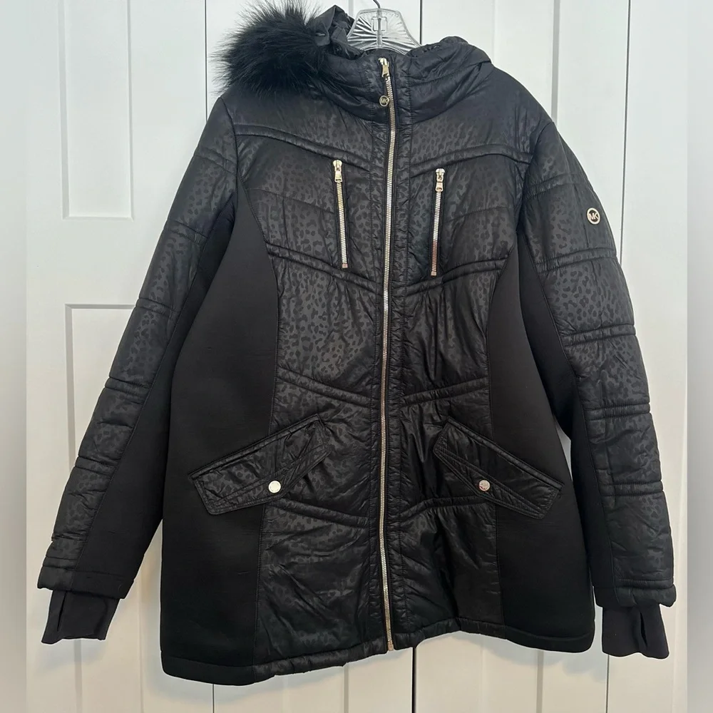 Stunning Michael Kors Black Leopard Print Puffer Jacket with‎ Removable Hood 1X